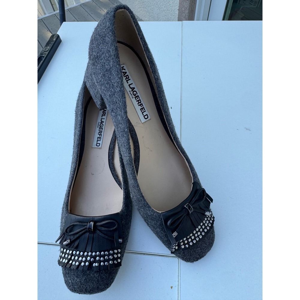 Karl Lagerfeld Paris Gray Wool Block‎ Heel Pumps w/Bow & Studs Size 7.5